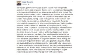 Ayşe Kantarcı'nın sosyal medyadan açıklaması.